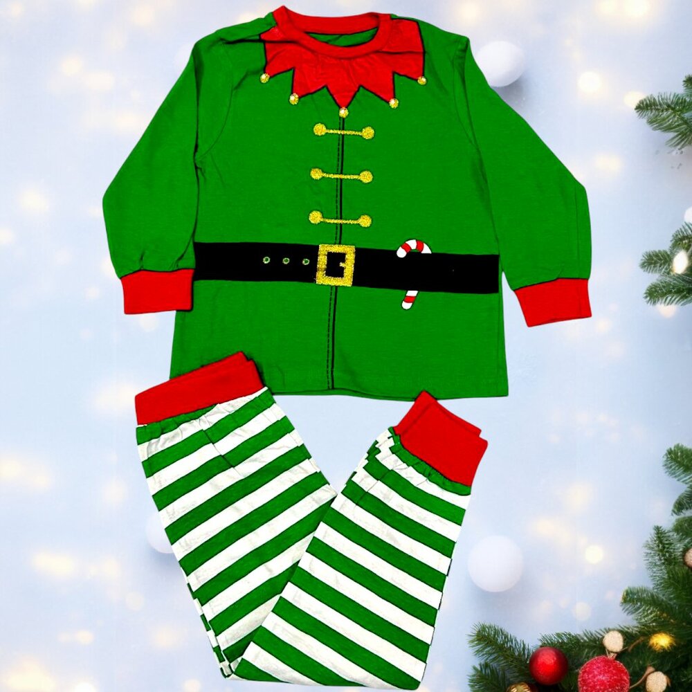 Kids Christmas Elf Pajama Set – Green Costume Print Top & Striped Pants